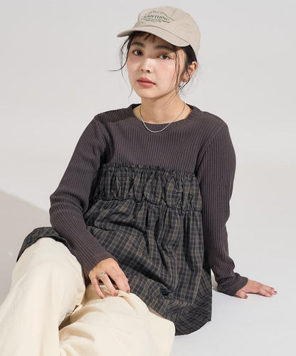 軍風羅紋拼接格紋長袖T恤