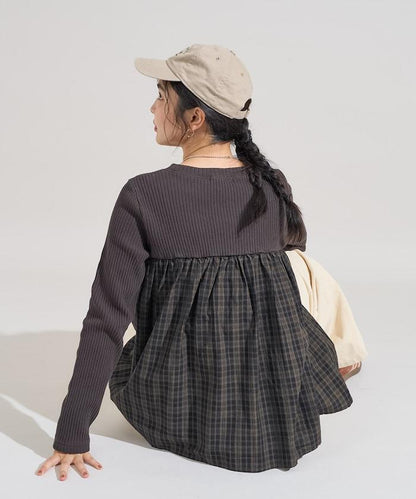 軍風羅紋拼接格紋長袖T恤