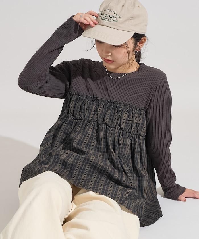 軍風羅紋拼接格紋長袖T恤