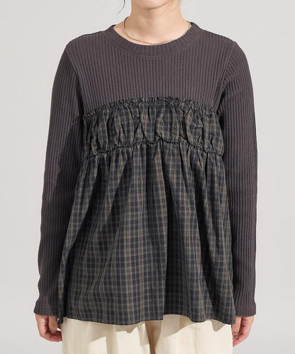 軍風羅紋拼接格紋長袖T恤