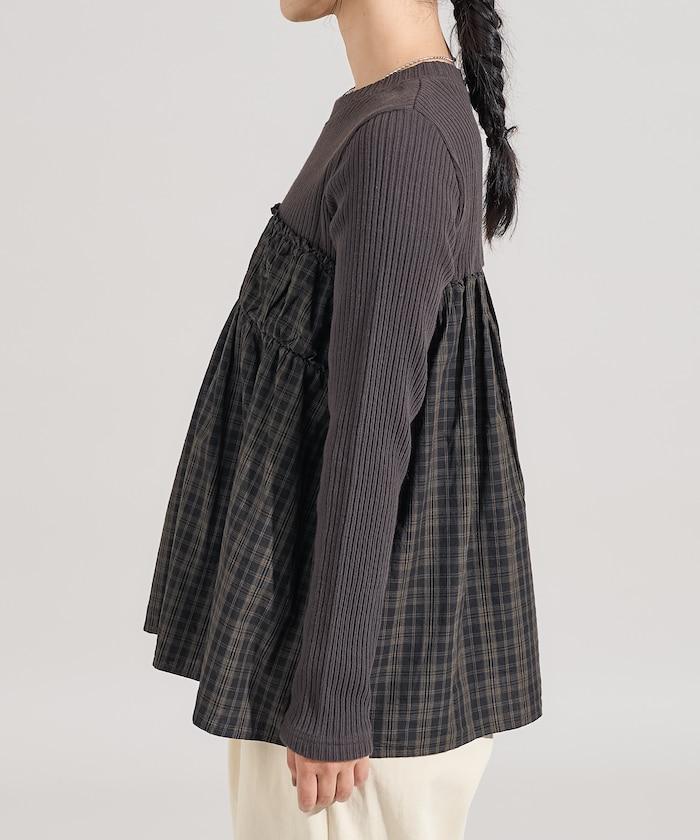 軍風羅紋拼接格紋長袖T恤