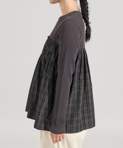 軍風羅紋拼接格紋長袖T恤