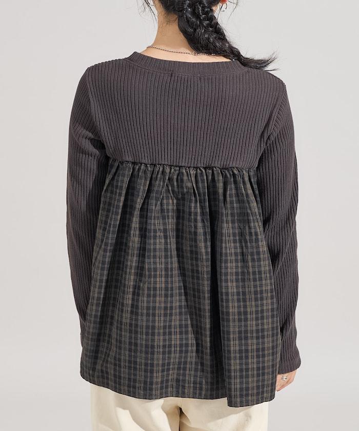 軍風羅紋拼接格紋長袖T恤