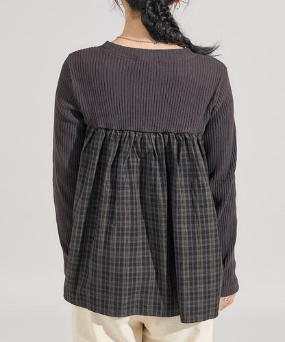 軍風羅紋拼接格紋長袖T恤