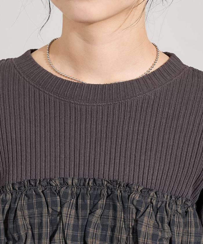 軍風羅紋拼接格紋長袖T恤