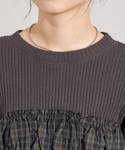 軍風羅紋拼接格紋長袖T恤