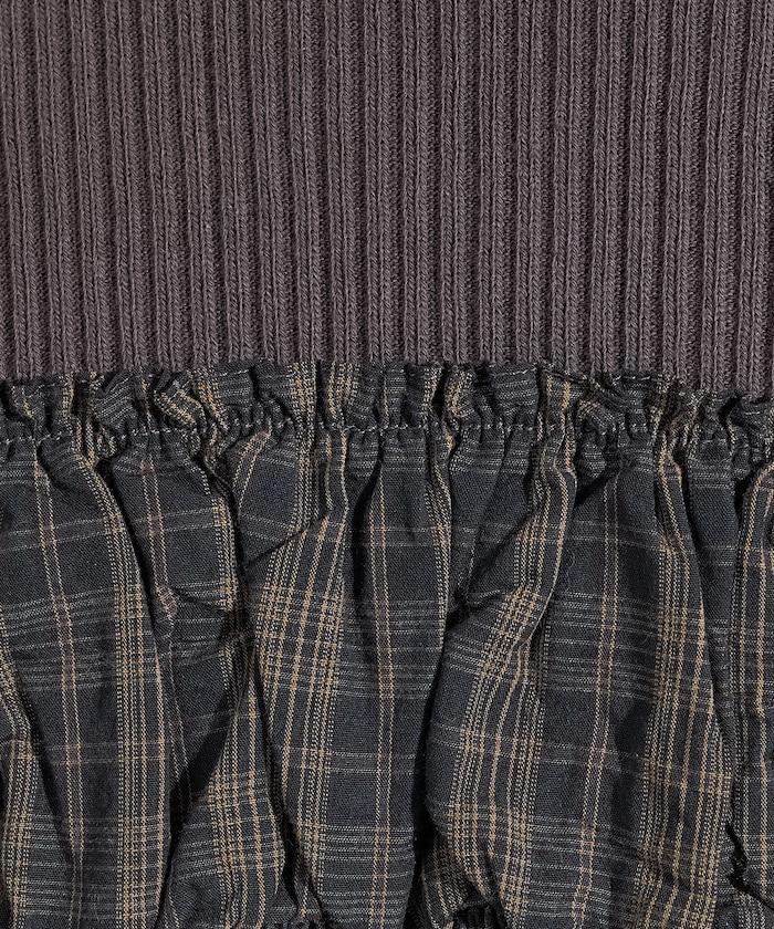 軍風羅紋拼接格紋長袖T恤