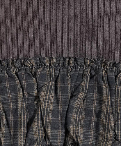 軍風羅紋拼接格紋長袖T恤