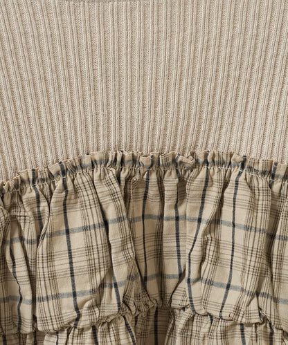 軍風羅紋拼接格紋長袖T恤