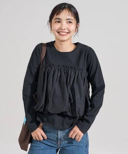 泡泡袖束身上衣風拼接長袖T恤