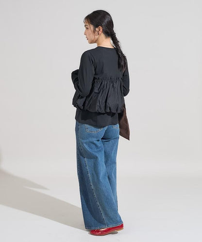 泡泡袖束身上衣風拼接長袖T恤