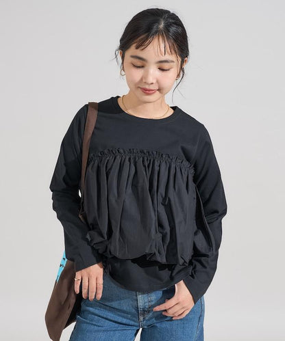 泡泡袖束身上衣風拼接長袖T恤
