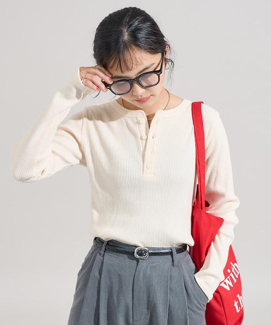 軍風羅紋亨利領長袖T恤