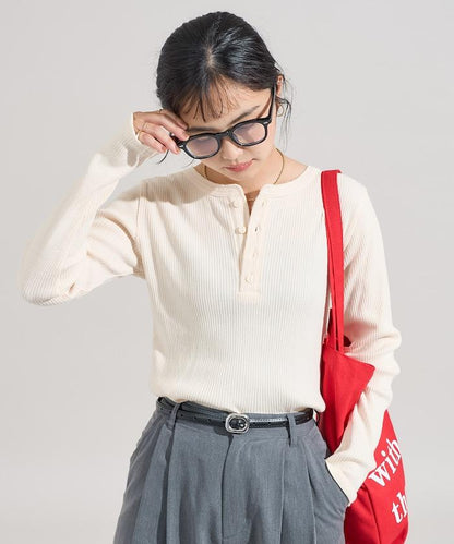 軍風羅紋亨利領長袖T恤