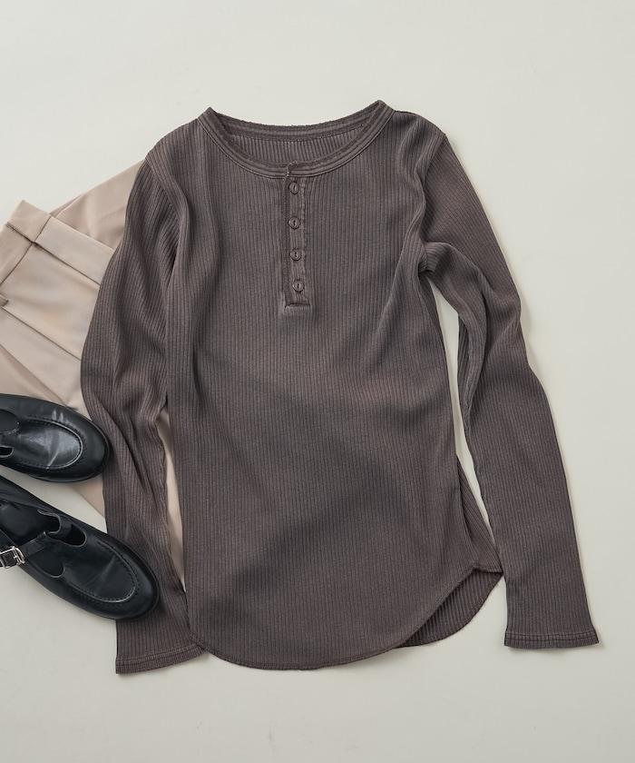 軍風羅紋亨利領長袖T恤