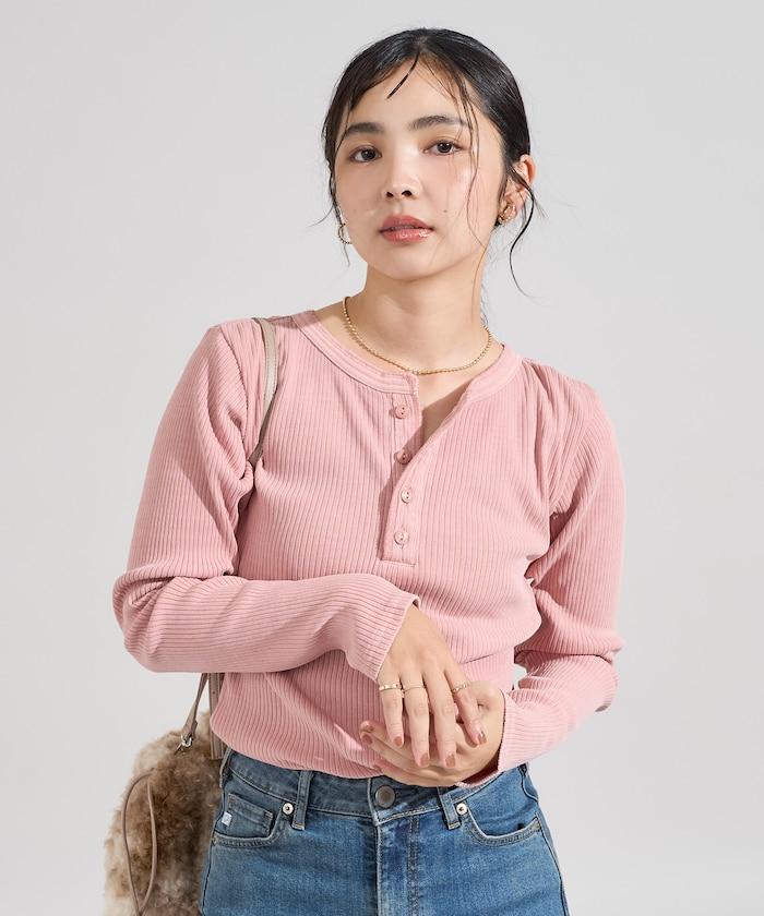 軍風羅紋亨利領長袖T恤