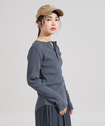 軍風羅紋亨利領長袖T恤