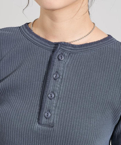 軍風羅紋亨利領長袖T恤