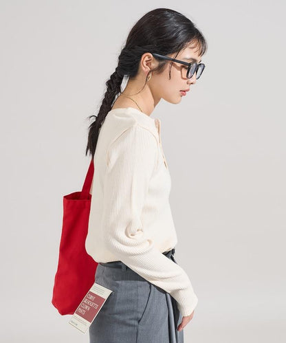 軍風羅紋亨利領長袖T恤