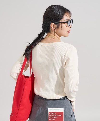 軍風羅紋亨利領長袖T恤