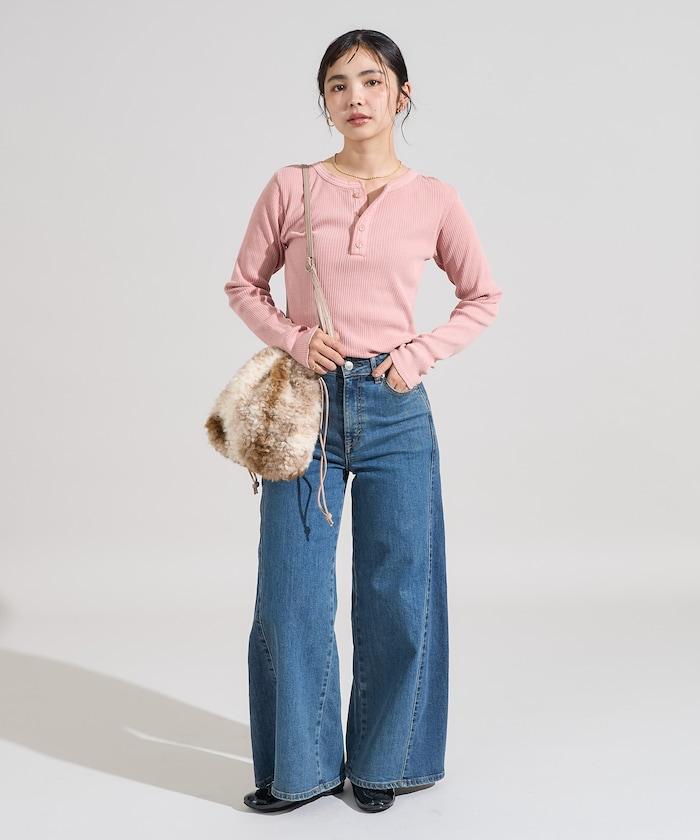 軍風羅紋亨利領長袖T恤