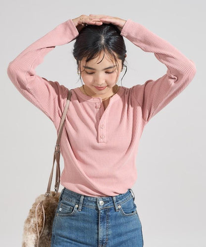 軍風羅紋亨利領長袖T恤