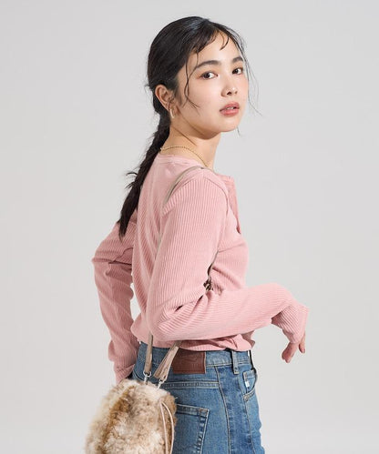 軍風羅紋亨利領長袖T恤