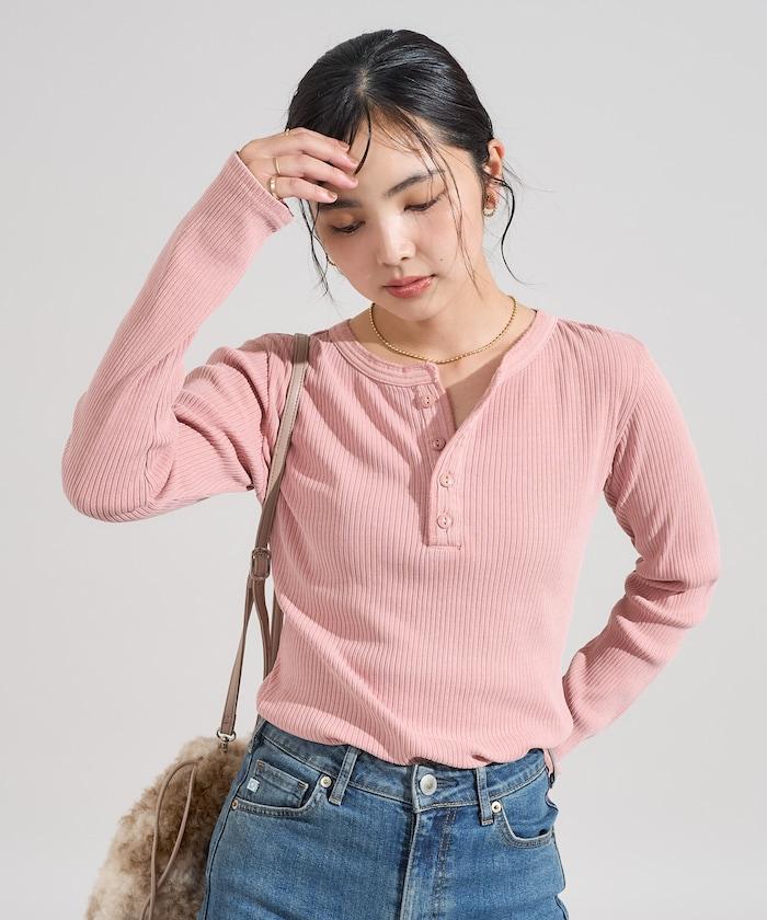 軍風羅紋亨利領長袖T恤