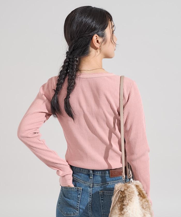 軍風羅紋亨利領長袖T恤