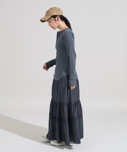 軍風羅紋亨利領長袖T恤