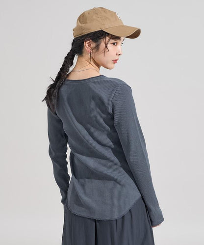 軍風羅紋亨利領長袖T恤