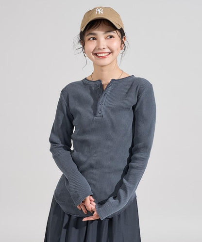 軍風羅紋亨利領長袖T恤