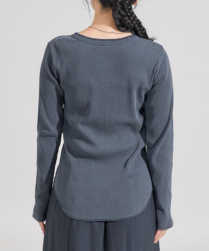 軍風羅紋亨利領長袖T恤