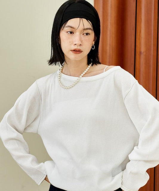 一字肩華夫格長袖T恤