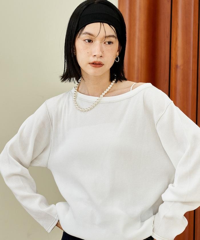 一字肩華夫格長袖T恤