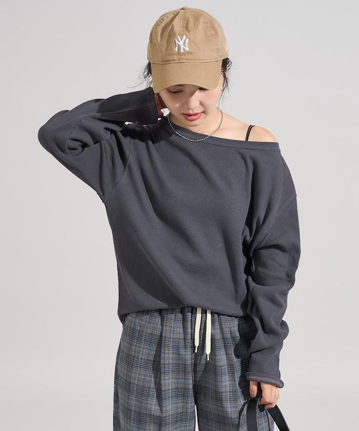 一字肩華夫格長袖T恤