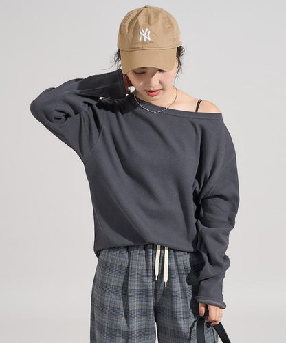 一字肩華夫格長袖T恤