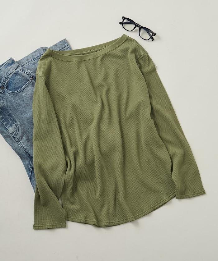 一字肩華夫格長袖T恤