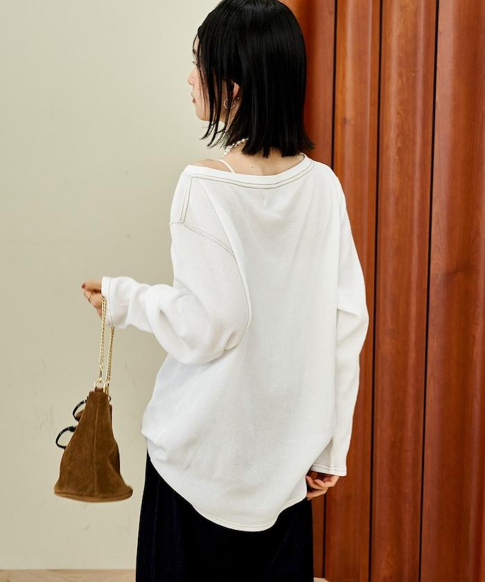 一字肩華夫格長袖T恤