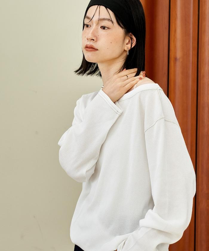 一字肩華夫格長袖T恤