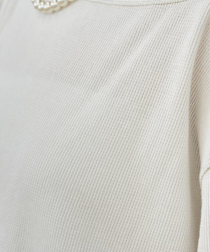 一字肩華夫格長袖T恤