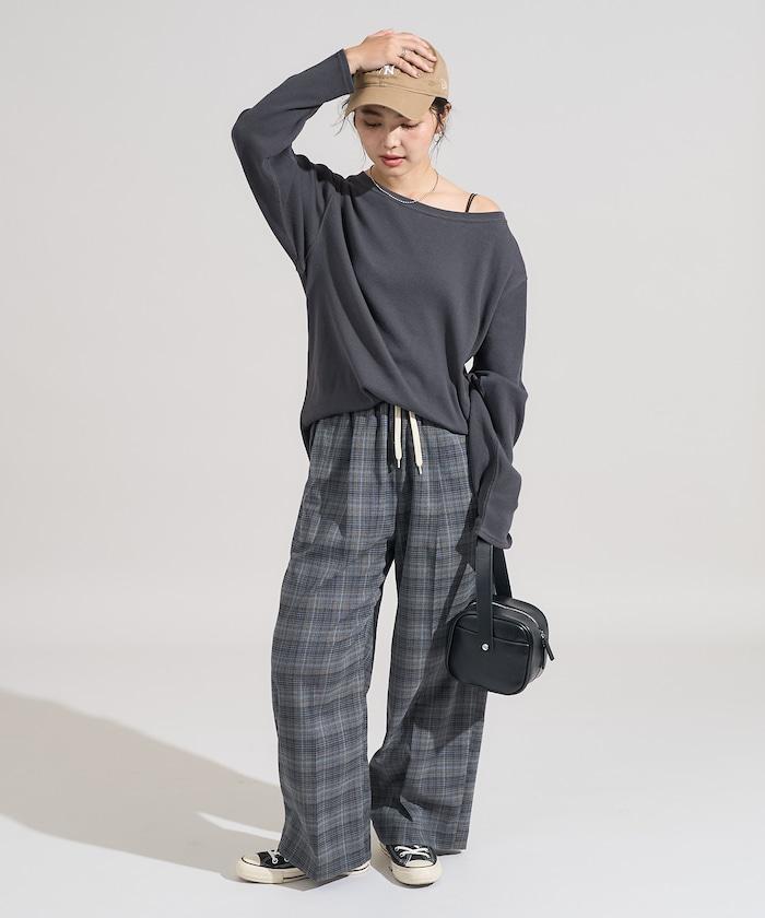 一字肩華夫格長袖T恤