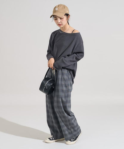 一字肩華夫格長袖T恤