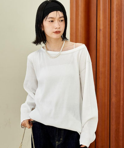 一字肩華夫格長袖T恤