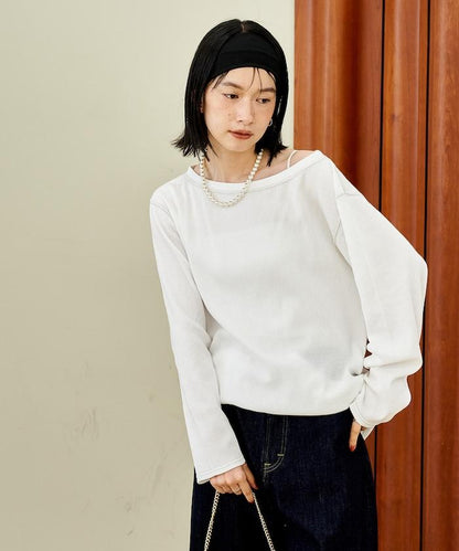 一字肩華夫格長袖T恤