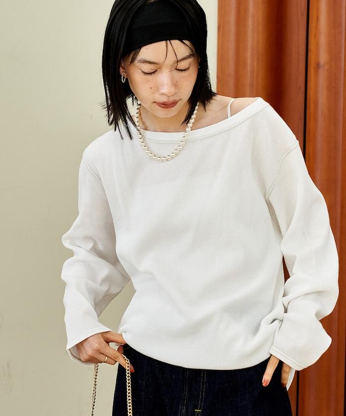 一字肩華夫格長袖T恤