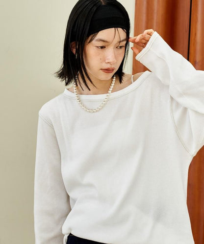 一字肩華夫格長袖T恤