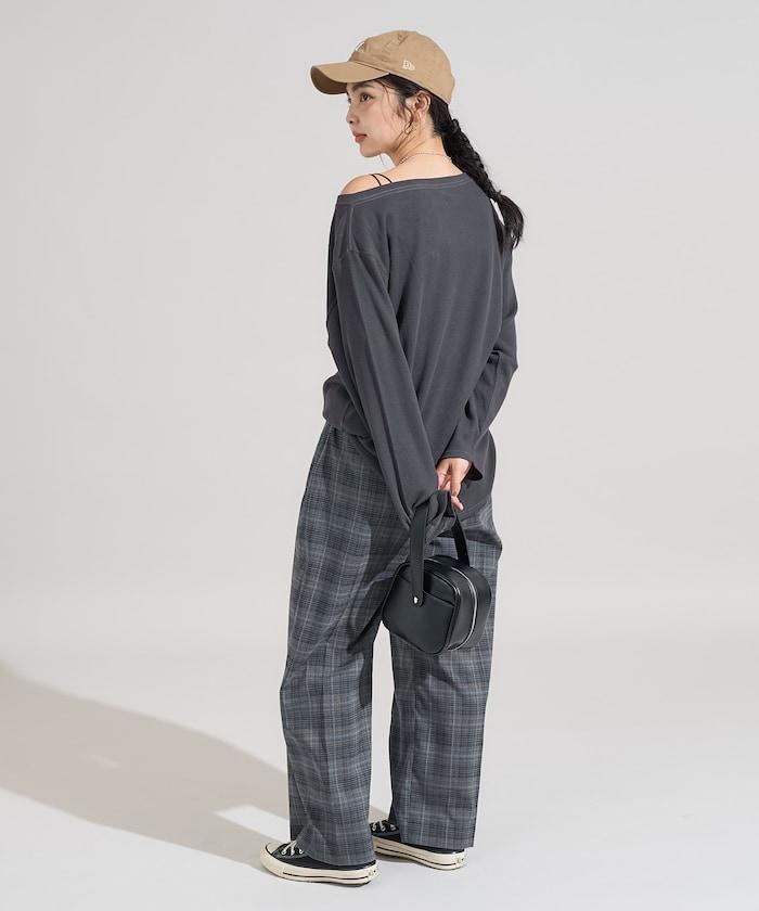 一字肩華夫格長袖T恤