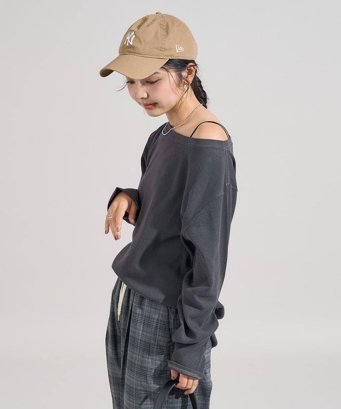 一字肩華夫格長袖T恤