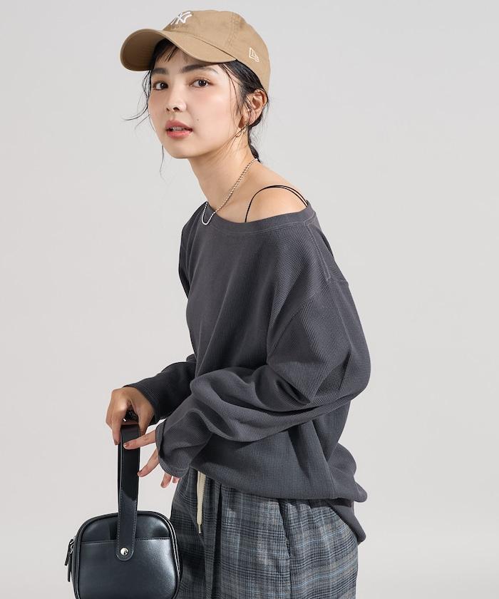 一字肩華夫格長袖T恤